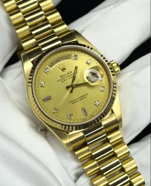 Rolex Day-Date 36mm Champagne Diamond Dial Fluted Bezel Solid 18k Yellow Gold President Bracelet 18038 | Vintage 1984 Full Set — "The Original Presidential"
