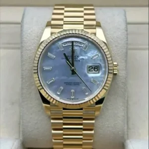 Rolex Day-Date 36mm White Mother of Pearl Diamond & Baguette Dial Fluted Bezel Solid 18k Yellow Gold President Bracelet 128238 | 2025 Mint Full Set