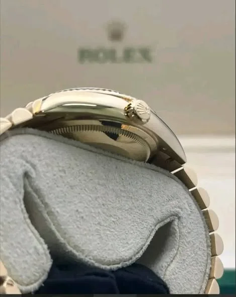 Rolex Day-Date 36mm White Mother of Pearl Diamond & Baguette Dial Fluted Bezel Solid 18k Yellow Gold President Bracelet 128238 | 2025 Mint Full Set - Image 2