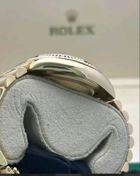 Rolex Day-Date 36mm White Mother of Pearl Diamond & Baguette Dial Fluted Bezel Solid 18k Yellow Gold President Bracelet 128238 | 2025 Mint Full Set - Image 3