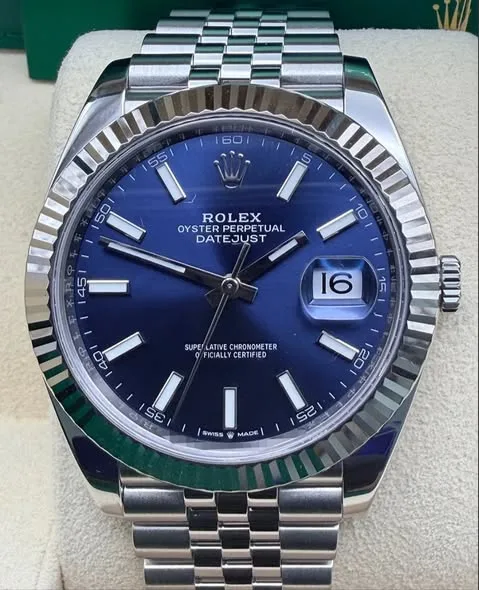 Rolex Datejust 41mm Blue Sunray Stick Dial 18k White Gold Fluted Bezel Jubilee Bracelet 126334 | 2022 Full Set