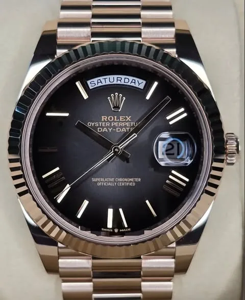 Rolex Day-Date 40mm Slate "Ombré" Dial 18k Everose Gold Fluted Bezel President Bracelet 228235 | 2025 Like New Full Set — Warranty Till 2030 - Image 2
