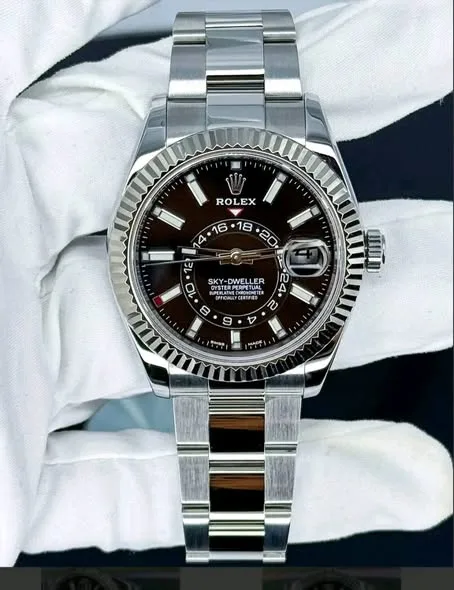 Rolex Sky-Dweller 42mm Black Dial 18k White Gold Ring Command Fluted Bezel Oyster Bracelet 326934 | 2019 Full Set — Discontinued Reference