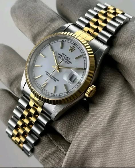 Rolex Datejust 36mm White Stick Dial 18k Yellow Gold Fluted Bezel Two-Tone Yellow Rolesor Jubilee Bracelet 16233 | Vintage Full Set