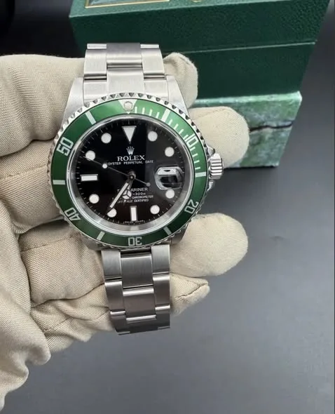 Rolex Submariner Date "Kermit" 40mm Black Maxi Dial Anniversary Green Aluminum Bezel Oyster Bracelet 16610LV | 2007 Full Set — Serviced June 2026, Pressure Tested