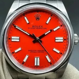 Rolex Oyster Perpetual 41mm Coral Red Lacquer Dial Smooth Bezel Oyster Bracelet 124300 | 2021 Box & Papers — Now Discontinued