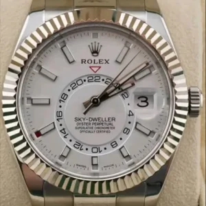 Rolex Sky-Dweller 42mm White Dial 18k White Gold Fluted Bezel Oyster Bracelet 326934 | 2018 Full Set