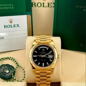Rolex Day-Date 40mm Black Onyx Diamond Baguette Dial Fluted Bezel Solid 18k Yellow Gold President Bracelet 228238 | 2017 Full Set