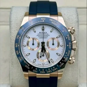 Rolex Cosmograph Daytona 40mm White Dial Blue Cerachrom Tachymeter Bezel 18k Everose Gold Oysterflex 116515LN | 2023 Full Set