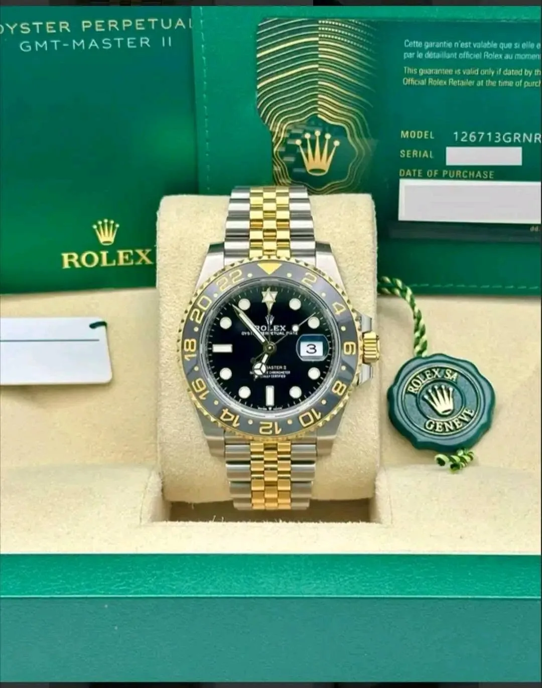 Rolex GMT-Master II "Bumblebee / Zombie" 40mm Black Dial Black & Grey Cerachrom Bezel Two-Tone Yellow Rolesor Jubilee Bracelet 126713GRNR | 2025 Full Set